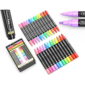 24 Neon Fluorescent Acrylic Paint Pens Special Color Series Markers Set 0.7mm Extra Fine Tip, Rock Painting, Glass, Mugs, Wood, Metal, Canvas DIY Projects Detailing Non Toxic, Waterbased Quick Drying