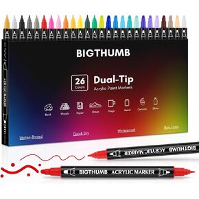 BIGTHUMB 26 Colors Acrylic Paint Pens, Dual Tip Acrylic Paint Markers with Fine Tip and Dot Tip, Paint Markers for Painting Rock, Wood, Canvas, Glass, Ceramic, DIY Crafts Making Art Supplies in Kuwait
