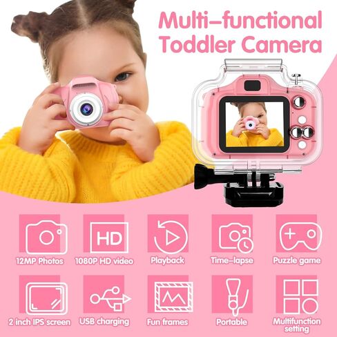 كاميرا GOANDO Kids مقاومة للماء للفتيات من عمر 3-12 عامًا لعيد ميلاد الأطفال 1080 بكسل كاميرا رقمية للأطفال تحت الماء HD فيديو للأطفال الصغار، شاشة 2 بوصة مع بطاقة 32 جيجابايت، وردي in Kuwait
