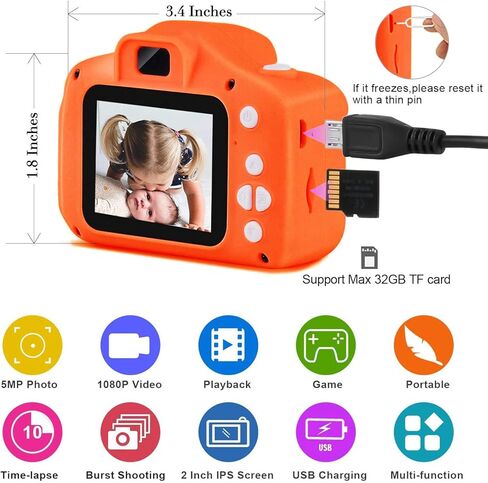 كاميرا رقمية للأطفال من SUNCITY، هدايا عيد الميلاد للأولاد من سن 3 إلى 9 سنوات، كاميرات فيديو رقمية عالية الدقة للأطفال الصغار، لعبة محمولة لعمر 3 4 5 6 7 8 سنوات مع بطاقة SD سعة 32 جيجابايت - برتقالية in Kuwait