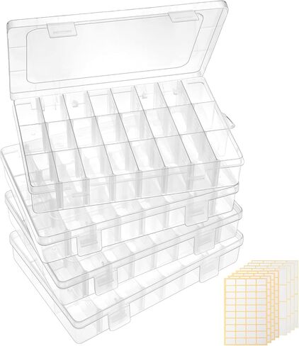 4 عبوات من QUEFE مكونة من 24 شبكة لتنظيم الخرز وتخزينه، صندوق منظم بلاستيكي مع مقسم قابل للإزالة، صندوق منظم للحرف اليدوية للمجوهرات والأجزاء الصغيرة والوجبات الخفيفة، مع 8 أوراق من ملصقات الملصقات in Kuwait