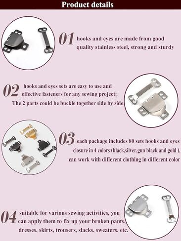 Kenkio 80 Pairs Sewing Hooks and Eyes Closure for Trousers, Skirt,Bra and Sewing DIY Craft,4 Colors in Kuwait