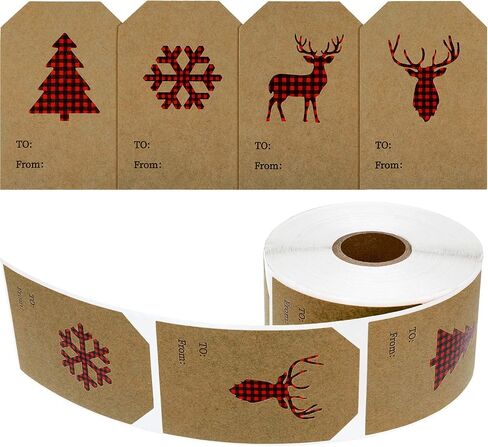 400 Pieces Christmas Holiday Present Tag Labels Christmas Kraft Paper Stickers with Red and Black Plaid Elk Snowflake Christmas Tree for Christmas School Home Office Present Tags Cups Bottles in Saudi Arabia
