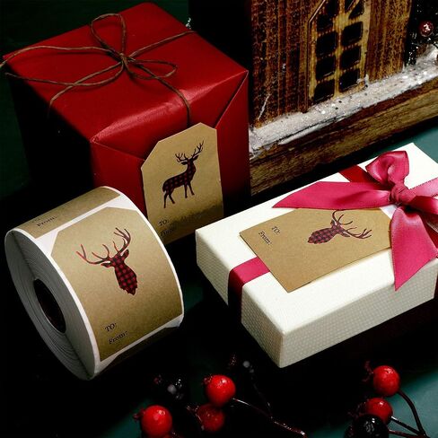 400 Pieces Christmas Holiday Present Tag Labels Christmas Kraft Paper Stickers with Red and Black Plaid Elk Snowflake Christmas Tree for Christmas School Home Office Present Tags Cups Bottles in Saudi Arabia