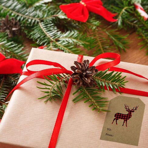 400 Pieces Christmas Holiday Present Tag Labels Christmas Kraft Paper Stickers with Red and Black Plaid Elk Snowflake Christmas Tree for Christmas School Home Office Present Tags Cups Bottles in Saudi Arabia