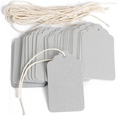 Obling Paper Tags, Gift Tags with String 7cm X 4cm Silver Craft Tags Paper Tags with Twine Perfect for Arts and Crafts, Christmas, Valentine's Day, Wedding and Holiday, Tags for Gift, 100PCS in Kuwait