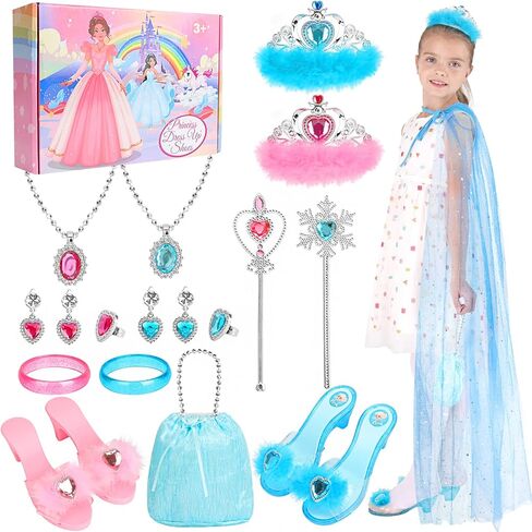 مجموعة ملابس الأميرة الأميرة مع أحذية أنيقة ورداء، إكسسوارات الأميرة من التيجان أقراط قلادات أساور وحلقات عصا حقيبة اليد، هدية للفتيات الصغار في سن 3-6 سنوات in Kuwait