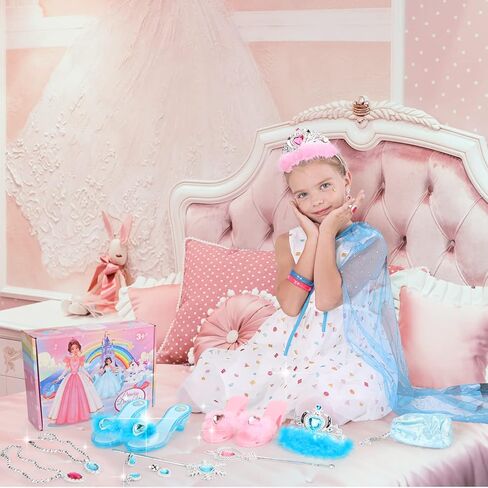 مجموعة ملابس الأميرة الأميرة مع أحذية أنيقة ورداء، إكسسوارات الأميرة من التيجان أقراط قلادات أساور وحلقات عصا حقيبة اليد، هدية للفتيات الصغار في سن 3-6 سنوات in Kuwait