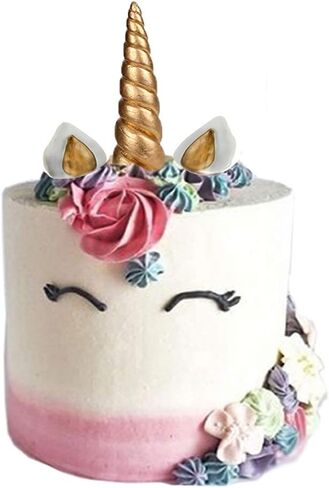 GmakCeder Unicorn Cake Top، قرن وحيد القرن قابل لإعادة الاستخدام، مجموعة قيمة لتزيين الكيك والأذنين والرموش لحفلات استقبال المولود الجديد، وحفلات أعياد الميلاد (6 بوصات/رموش جديدة) in Kuwait