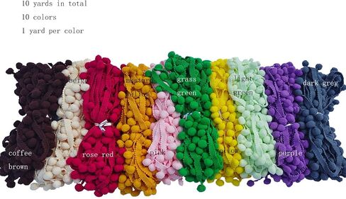 10 ياردة بوم بوم هامش تقليم 10 ألوان 12 مم للديكور DIY الحرف الخياطة (3002 لون مختلط 2،12 مم، 10 ياردة) in Kuwait