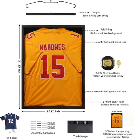 Jersey Frame Display Case 2 Pack -Jersey Display Shadow Box- Lockable Jersey Frame with Hangers and 98% UV Resistant Acrylic-Display Case for Football Baseball Basketball Jersey-Black, Wood in Saudi Arabia