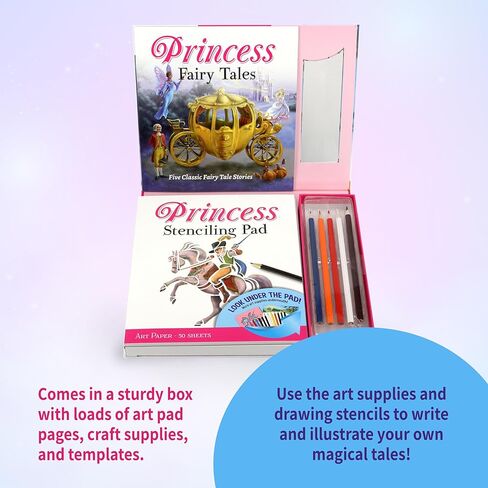 SpiceBox Princess Fairy Tail Drawing Art Stencil Kit for Kids, Children’s Fun Activity Set, 5 Fairy Tale Stories to Draw in Kuwait