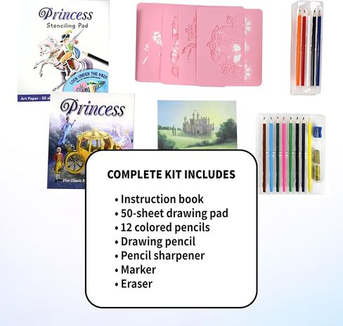 SpiceBox Princess Fairy Tail Drawing Art Stencil Kit for Kids, Children’s Fun Activity Set, 5 Fairy Tale Stories to Draw in Kuwait