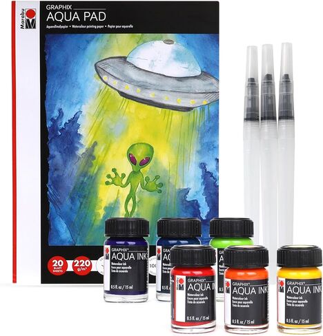 Marabu Watercolor Paint Set - Watercolor Paper Pad with 20 Sheets, A4 220 GSM - 6 Watercolor Inks, 3 Refillable Water Brushes - Watercolor Kit for Adults and Kids in Kuwait