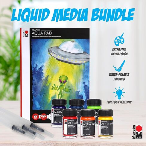 Marabu Watercolor Paint Set - Watercolor Paper Pad with 20 Sheets, A4 220 GSM - 6 Watercolor Inks, 3 Refillable Water Brushes - Watercolor Kit for Adults and Kids in Kuwait