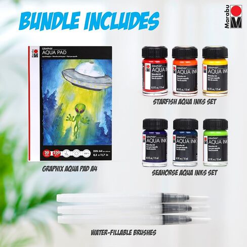 Marabu Watercolor Paint Set - Watercolor Paper Pad with 20 Sheets, A4 220 GSM - 6 Watercolor Inks, 3 Refillable Water Brushes - Watercolor Kit for Adults and Kids in Kuwait