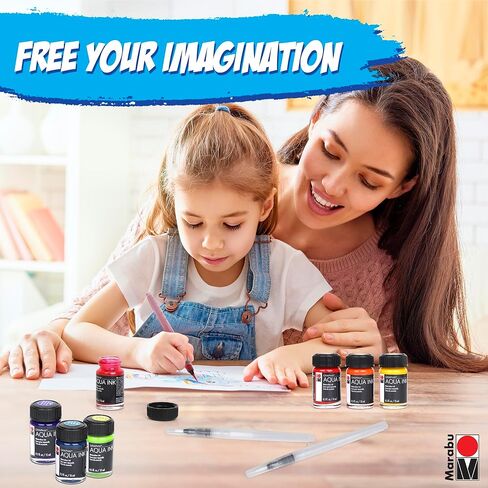 Marabu Watercolor Paint Set - Watercolor Paper Pad with 20 Sheets, A4 220 GSM - 6 Watercolor Inks, 3 Refillable Water Brushes - Watercolor Kit for Adults and Kids in Kuwait