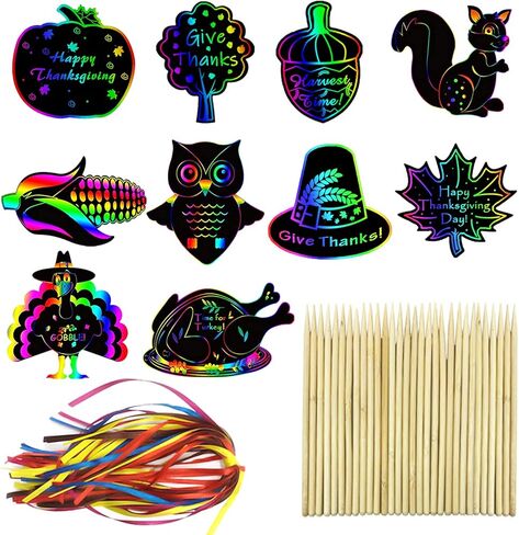 Aviski 80PCS Thanksgiving Rainbow Scratch Art, Fall Paper Crafts for Kids, Thanksgiving Day Pumpkin Maple Turkey Hanging Ornament Decorations, Art Craft Supplies for Home Tree Classroom Decor in Kuwait