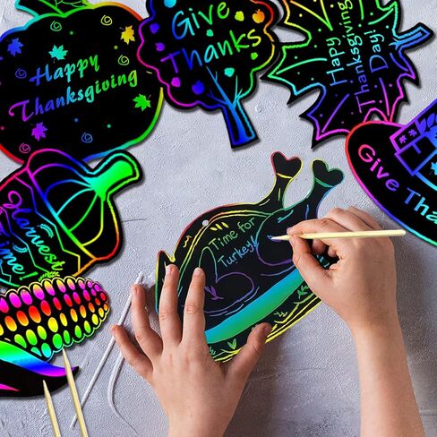 Aviski 80PCS Thanksgiving Rainbow Scratch Art, Fall Paper Crafts for Kids, Thanksgiving Day Pumpkin Maple Turkey Hanging Ornament Decorations, Art Craft Supplies for Home Tree Classroom Decor in Kuwait