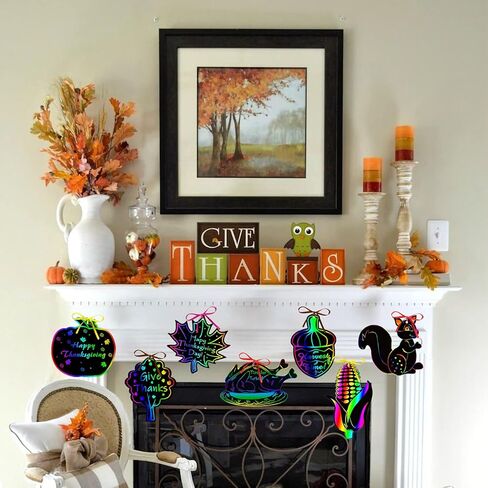 Aviski 80PCS Thanksgiving Rainbow Scratch Art, Fall Paper Crafts for Kids, Thanksgiving Day Pumpkin Maple Turkey Hanging Ornament Decorations, Art Craft Supplies for Home Tree Classroom Decor in Kuwait