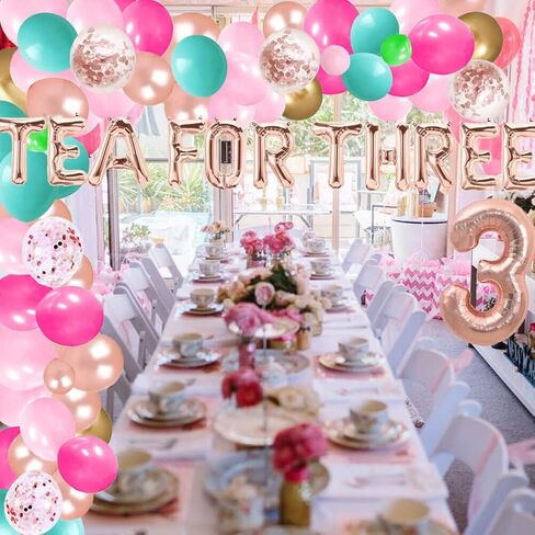 الشاي لثلاثة بالونات، لافتة للإعلان عن حفلات الزفاف، حفلات ما قبل الزواج ودور الشاي الشاي الشاي شاي عالي الشاي ليتس بارتي موضوع عيد الميلاد الثالث دش الطفل لوازم الديكور in Kuwait