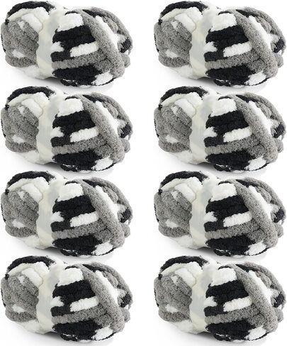 HOMBYS 8 Pack Giant Chunky Yarn for Crocheting,Super Bulky Large Soft Fluffy Yarn,Tie Dye Plush Fuzzy Yarn,Mixed Color Thick Chenille Yarn for Hand Knitting/Arm Knitting (Black, White, Grey) in Kuwait