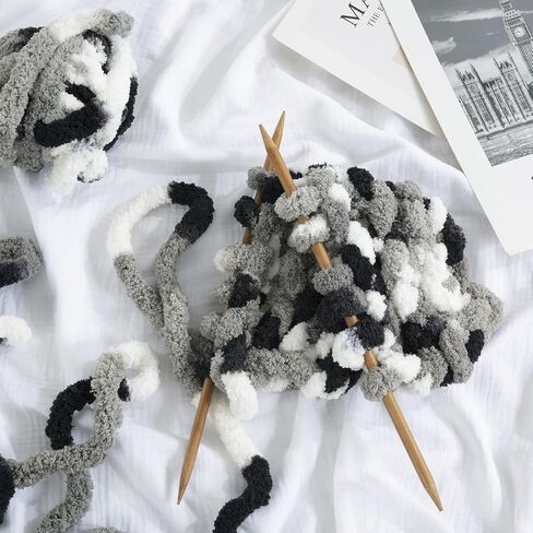 HOMBYS 8 Pack Giant Chunky Yarn for Crocheting,Super Bulky Large Soft Fluffy Yarn,Tie Dye Plush Fuzzy Yarn,Mixed Color Thick Chenille Yarn for Hand Knitting/Arm Knitting (Black, White, Grey) in Kuwait
