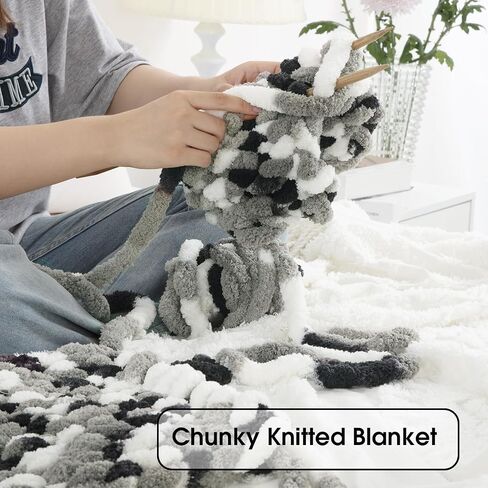 HOMBYS 8 Pack Giant Chunky Yarn for Crocheting,Super Bulky Large Soft Fluffy Yarn,Tie Dye Plush Fuzzy Yarn,Mixed Color Thick Chenille Yarn for Hand Knitting/Arm Knitting (Black, White, Grey) in Kuwait
