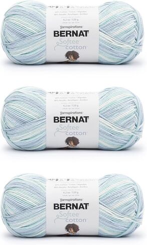 خيوط Bernat Softee القطنية ذات الموجات الزرقاء - 3 عبوات بوزن 120 جم/4.25 أونصة - نايلون - 3 DK (خفيف) - 254 ياردة - الحياكة والكروشيه والحرف اليدوية in Kuwait