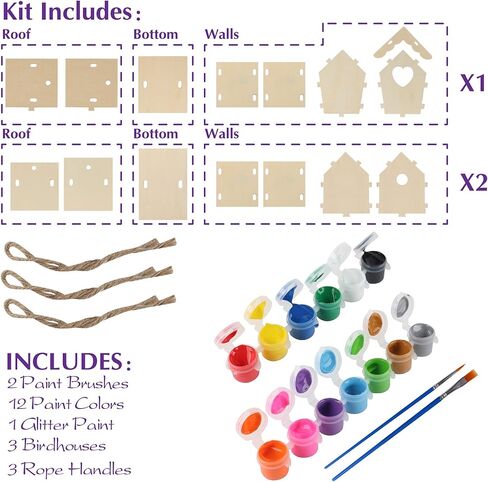 مجموعة بيت الطيور DIY للأطفال، مجموعة بناء يور أون بيرد هاوس للأطفال، تتضمن 3 بيوت طيور غير مكتملة للطلاء والبناء والحبال و12 طلاءً وطلاء لامع وفرشتين وفنون وحرفية للأطفال in Kuwait