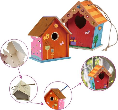 مجموعة بيت الطيور DIY للأطفال، مجموعة بناء يور أون بيرد هاوس للأطفال، تتضمن 3 بيوت طيور غير مكتملة للطلاء والبناء والحبال و12 طلاءً وطلاء لامع وفرشتين وفنون وحرفية للأطفال in Kuwait