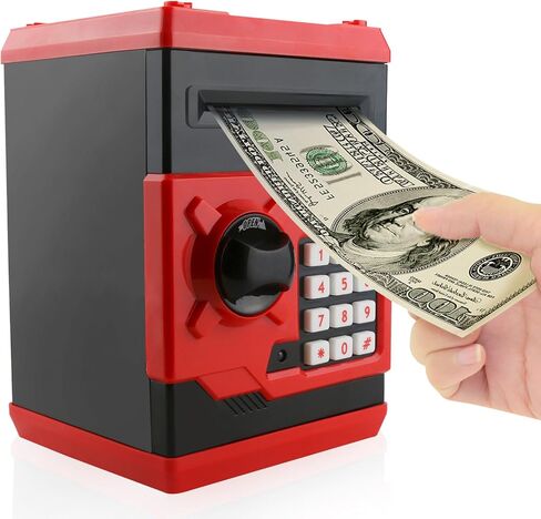 Kids Piggy Bank for Boys Girls, Jhua Mini ATM Saving Bank, Electronic Coin Money Bank with Password Lock/Paper Money Scroll Saving Box, Great Birthday Toy for Kids 4-12 (Red) in Kuwait