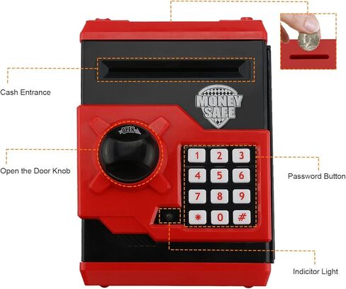 Kids Piggy Bank for Boys Girls, Jhua Mini ATM Saving Bank, Electronic Coin Money Bank with Password Lock/Paper Money Scroll Saving Box, Great Birthday Toy for Kids 4-12 (Red) in Kuwait