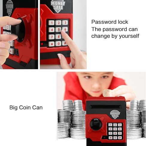 Kids Piggy Bank for Boys Girls, Jhua Mini ATM Saving Bank, Electronic Coin Money Bank with Password Lock/Paper Money Scroll Saving Box, Great Birthday Toy for Kids 4-12 (Red) in Kuwait