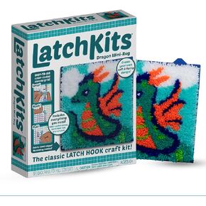 مجموعة خطاف مزلاج من LatchKits للتعليق على الحائط والسجاد الصغير - تنين - مجموعة حرفية مع قماش سهل مرمز بالألوان، وخيط مقطوع مسبقًا وأداة خطاف مزلاج - حرفة يدوية مثالية للأطفال - للأعمار من 6 سنوات فما فوق