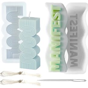 Manifest Wave Alphabet Letter Pillar Silicone Candle Molds Column Geometric Candle Mold Curved House Decoration Cylindrical Set with Large-Eye Wicking Needle for Beginners