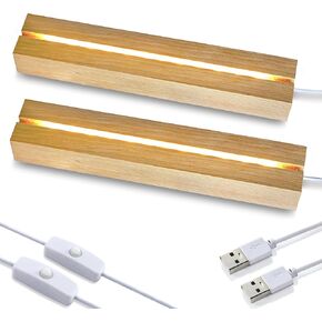 ZEERSHEE 2 Pcs 9.4 Inch Wooden Rectangle LED Light Display Pedestal for Acrylic and Plexiglass Crystal Glass Resin Night LED Light Lamp Base with USB Switch(Warm Light)