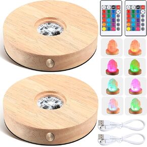 قاعدة إضاءة LED قابلة لإعادة الشحن من Kittmip، قاعدة إضاءة LED خشبية مستديرة، حامل 16 وضعًا للضوء مع أجهزة تحكم عن بعد وكابلات شحن USB، حامل عرض مضاء لفن الزجاج الكريستالي (عبوتان) in Kuwait