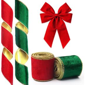2 Rolls Christmas Ribbon for Wreath Bows Wrapping Gifts, Wired Red Green Velvet Ribbon for Gift Wrapping Party Supplies Decoration DIY Crafts 2.5" X 10 Yards Wired Christmas Wreaths Ribbon
