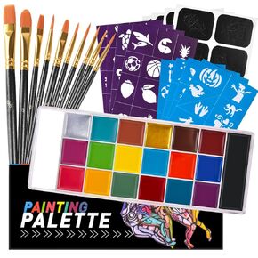 Face Paint Set, Professional 20 Colors Painting Palette Makeup Kit with 10 Pcs Professional Artist Brushes and 12 Sheets Stencils for Halloween, Parties, Theater & Stage in Kuwait