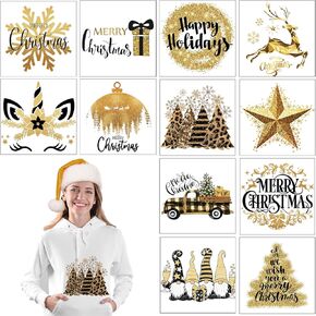 Fumete 12 Sheets DIY Christmas Iron on Stickers Gold Buffalo Santa Claus Elk Heat Transfer Stickers Appliques Element Heat Transfer Set for Clothes Patch, Large Size, Crafts, Party Favors