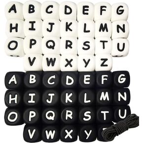 52 Pcs Silicone Letter Beads, MaehSab 12mm Square A-Z Letter Beads, Silicone Alphabet Beads for Keychain Making, Silicone Letter Beads for DIY Bracelet Making, White Black