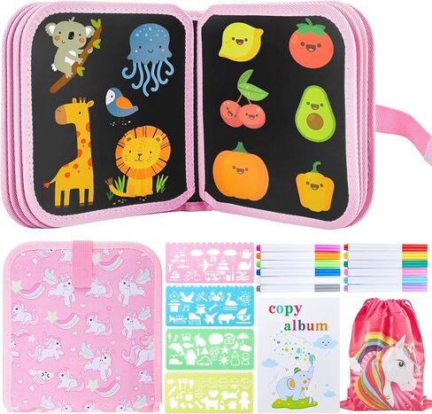 مجموعة كتب رسومات الشعار المبتكرة القابلة للمسح للأطفال، مجموعة رسم كتاب رسم سحري قابلة لإعادة الاستخدام، نشاط طائرة السفر للأطفال الصغار الذين تتراوح أعمارهم بين 3 و4 و5 و6 (وحيد القرن الوردي) in Kuwait