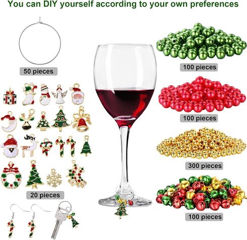 WILLBOND 670 Pieces Christmas Wine Glass Charms Assorted Charm Pendant Wine Glass Charm Rings Christmas Bells Gold Beads Red Green Beads for Xmas Wine Glass Markers DIY Making Jewelry in Saudi Arabia