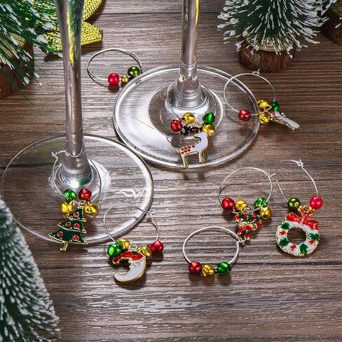 WILLBOND 670 Pieces Christmas Wine Glass Charms Assorted Charm Pendant Wine Glass Charm Rings Christmas Bells Gold Beads Red Green Beads for Xmas Wine Glass Markers DIY Making Jewelry in Saudi Arabia
