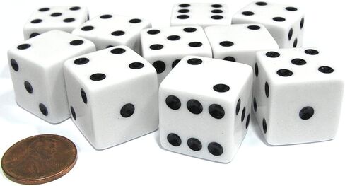Set of 10 Large Six Sided Square Opaque 19mm D6 Dice - White with Black Pip Die in Saudi Arabia
