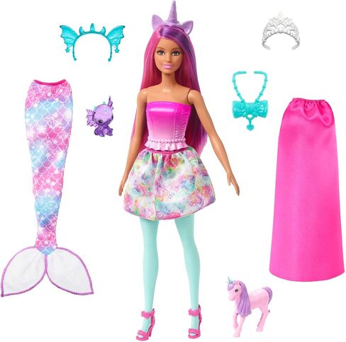 Barbie Doll, Mermaid Toys, Barbie Clothes and Accessories, Fantasy Dress-Up Set with Mermaid Tale, Baby Unicorn and Dragon Pets in Saudi Arabia