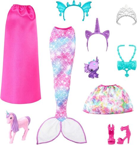 Barbie Doll, Mermaid Toys, Barbie Clothes and Accessories, Fantasy Dress-Up Set with Mermaid Tale, Baby Unicorn and Dragon Pets in Saudi Arabia