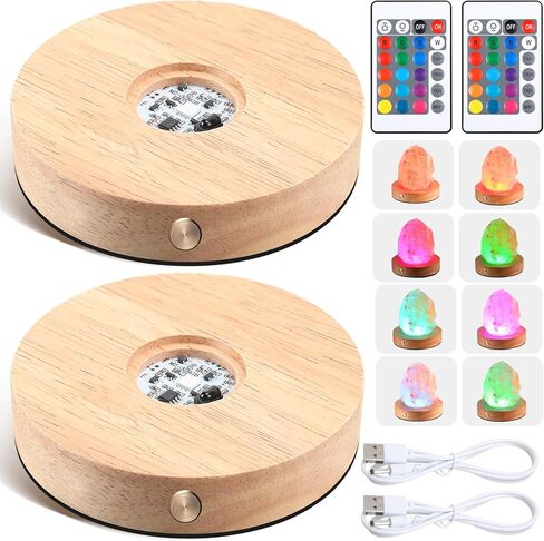 قاعدة إضاءة LED قابلة لإعادة الشحن من Kittmip، قاعدة إضاءة LED خشبية مستديرة، حامل 16 وضعًا للضوء مع أجهزة تحكم عن بعد وكابلات شحن USB، حامل عرض مضاء لفن الزجاج الكريستالي (عبوتان) in Kuwait