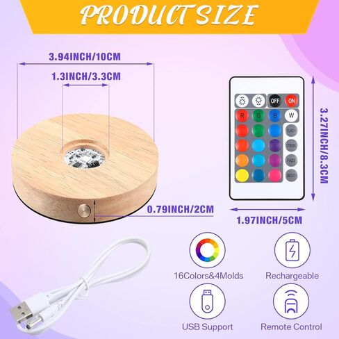 قاعدة إضاءة LED قابلة لإعادة الشحن من Kittmip، قاعدة إضاءة LED خشبية مستديرة، حامل 16 وضعًا للضوء مع أجهزة تحكم عن بعد وكابلات شحن USB، حامل عرض مضاء لفن الزجاج الكريستالي (عبوتان) in Kuwait